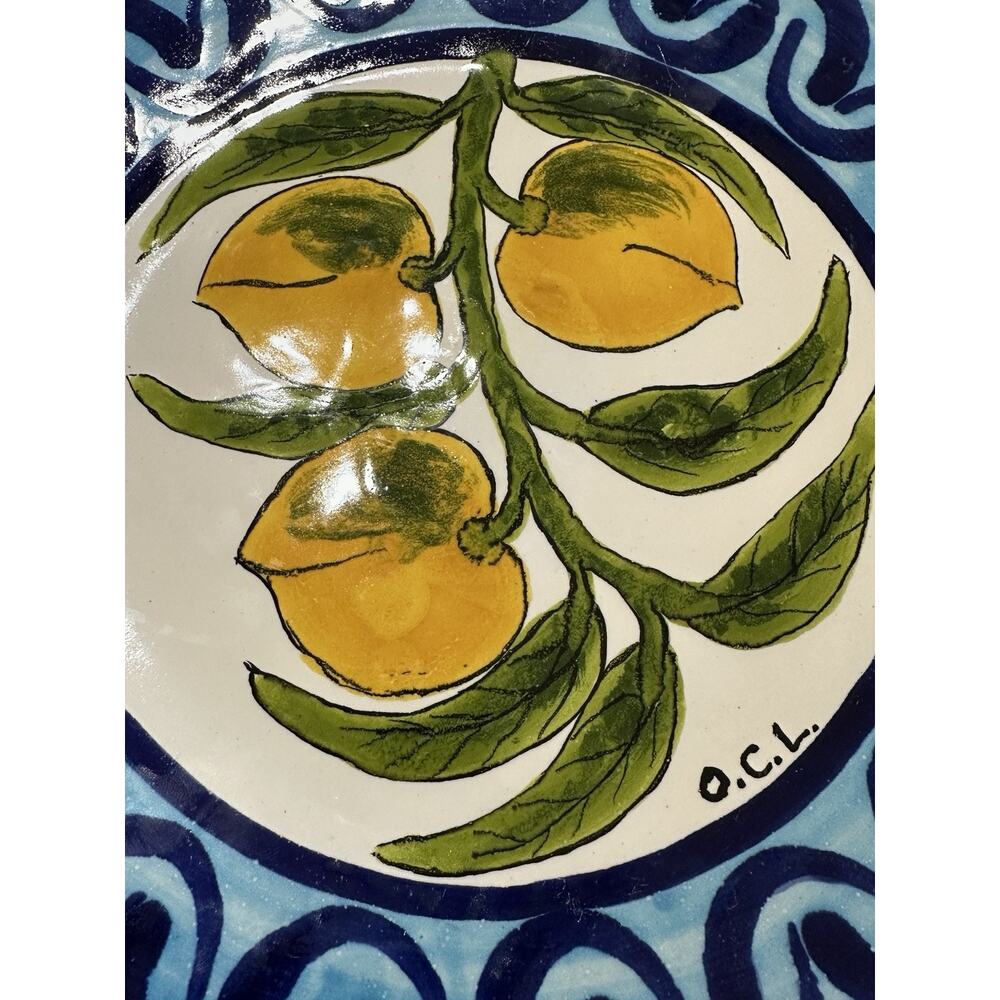 Vintage Mexican Pottery 12" Wall Plate Signed OCL Hand Painted Peaches - Picture 3 of 5